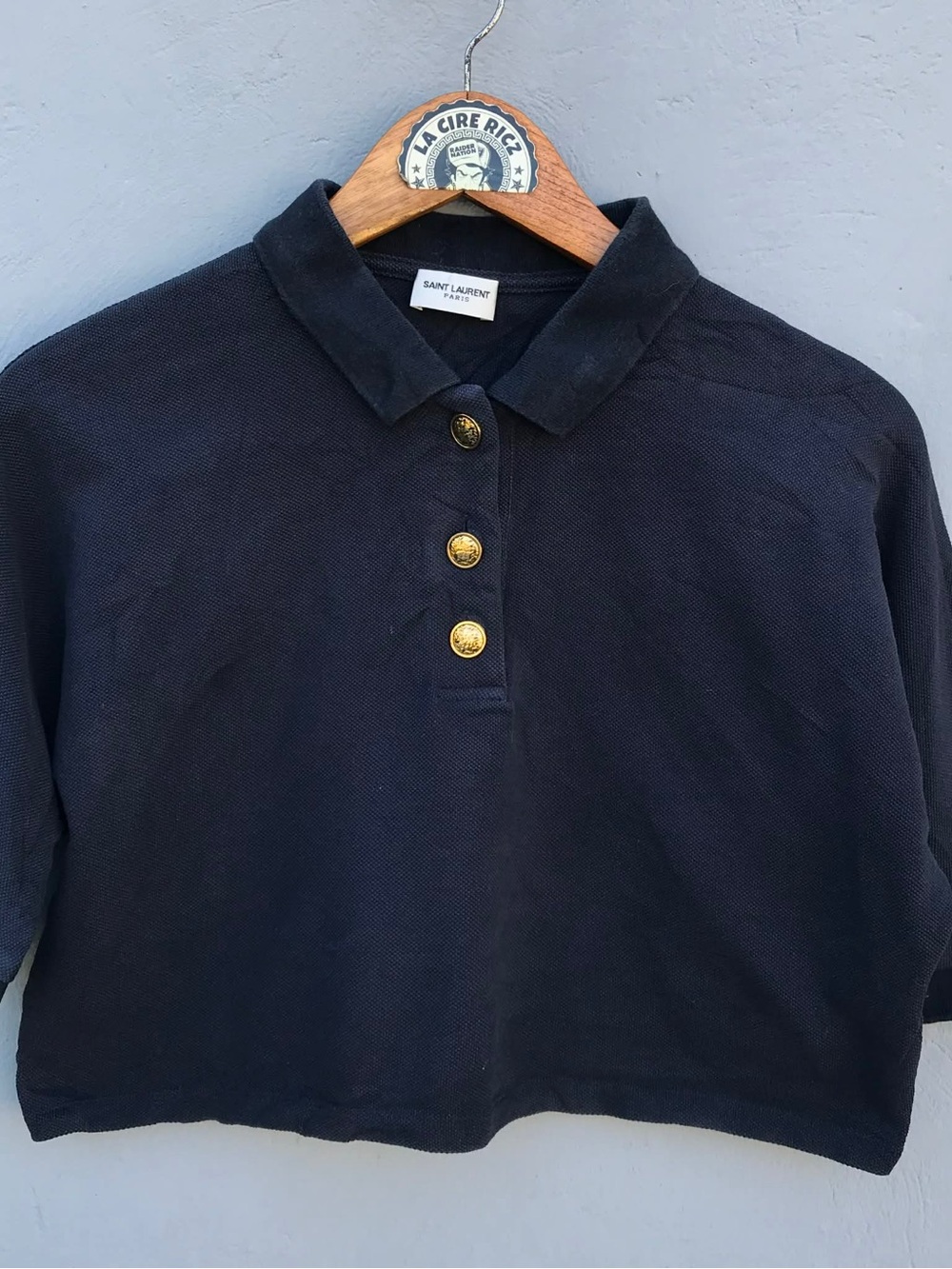 Saint Laurent Paris Navy Cropped Polo Top Gold Button Short Sleeve Size L France